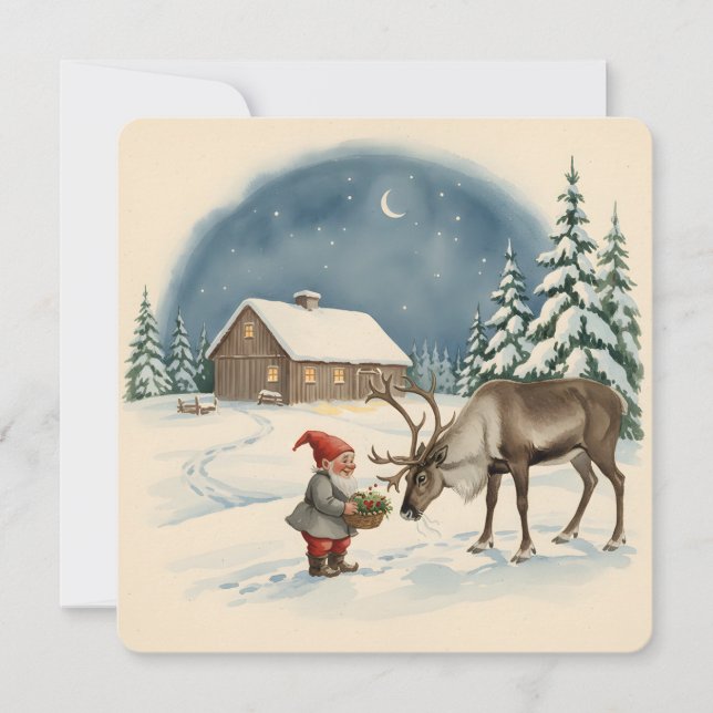 Cartão Natal Escandinavo Antigo Tomte e Rena (Frente)