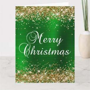 Cartão Natal Feliz Grande Glitter Dourado Verde Folha