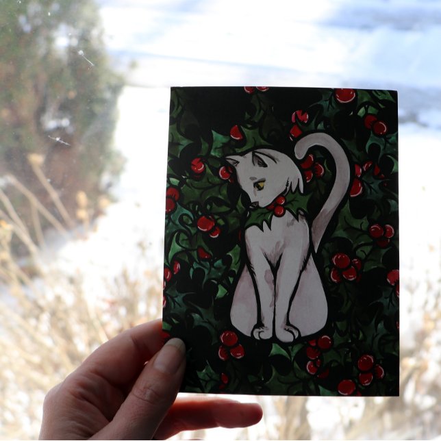 Cartão Natal Feriado - Holly White Cat (Criador carregado)