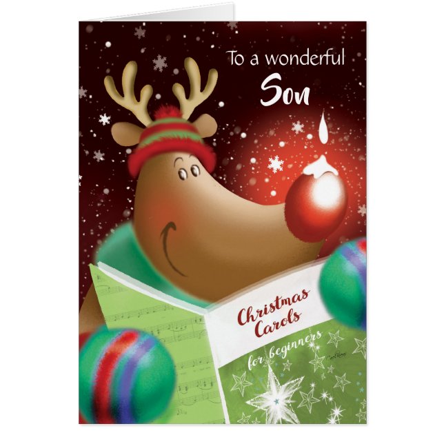 Cartão Natal, filho. Snowdrop em cervos vermelhos do (Frente)