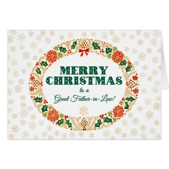 Cartão Natal Holly Wreath, Flocos de Neve Padre-em-Lei (Frente Horizontal)