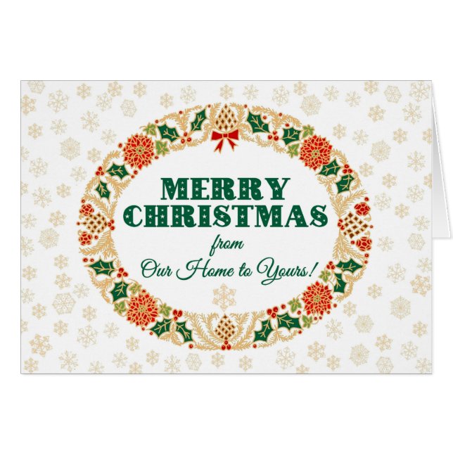 Cartão Natal Holly Wreath, Home to Home, Flocos de Neve (Frente Horizontal)