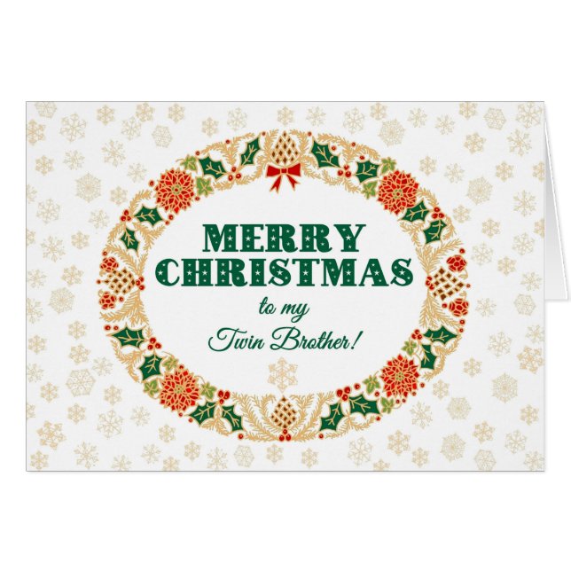 Cartão Natal Holly Wreath, Irmão Gêmeo, Flocos de Neve (Frente Horizontal)