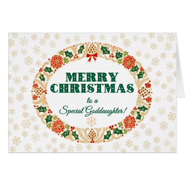 Cartão Natal Holly Wreath, para a GodFilha Snowflakes (Frente Horizontal)