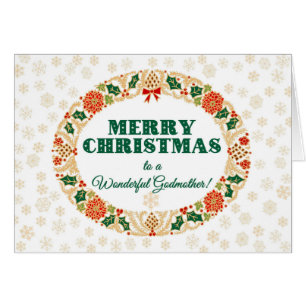 Cartão Natal Holly Wreath, para a madrinha Snowflakes