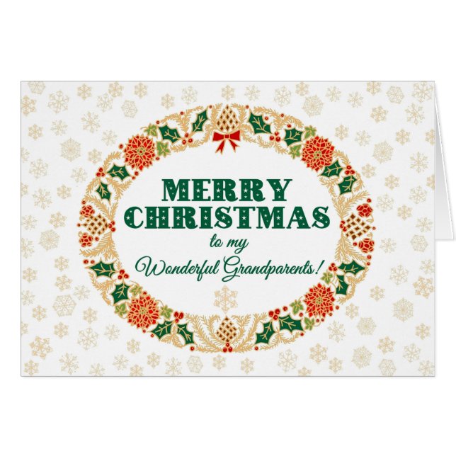 Cartão Natal Holly Wreath para avós Flocos de Neve (Frente Horizontal)