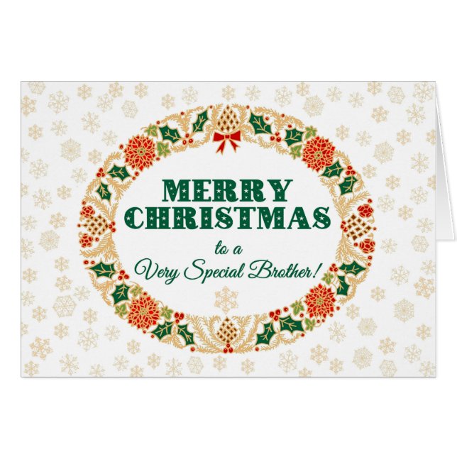Cartão Natal Holly Wreath para Irmão, Flocos de Neve (Frente Horizontal)
