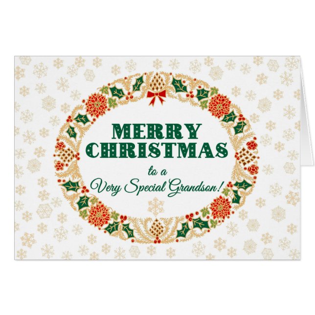 Cartão Natal Holly Wreath, para o neto Snowflakes (Frente Horizontal)
