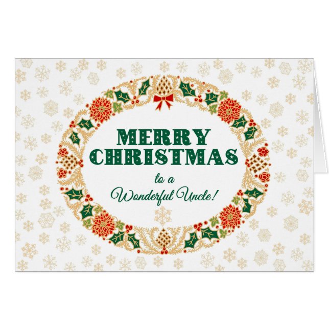 Cartão Natal Holly Wreath, para o tio Snowflakes (Frente Horizontal)