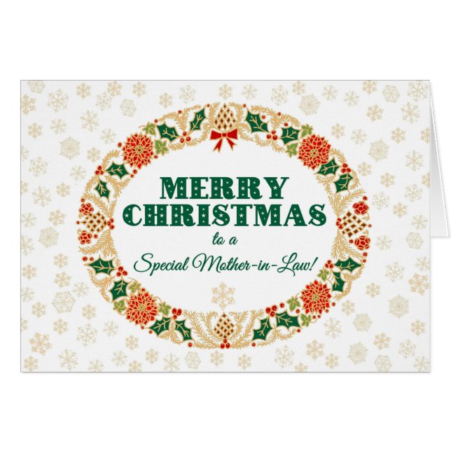 Cartão Natal Holly Wreath, sogra, flocos de neve (Frente Horizontal)
