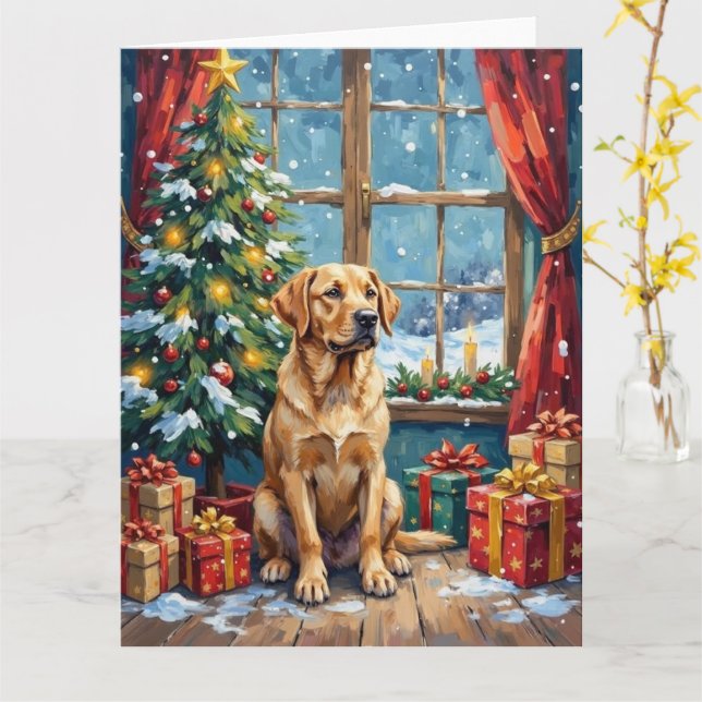 Cartão Natal Labrador Embaixo da Árvore (Flor Amarela)