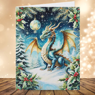 Cartão Natal Mágico do Dragão com Azevinho