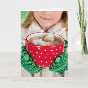 Cartão Natal menina xícara de chocolate quente Saudação