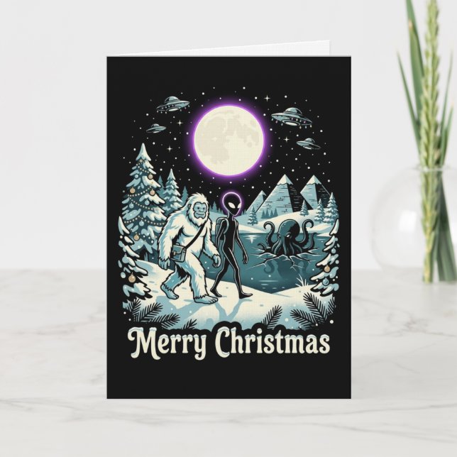 Cartão Natal Misterioso de Bigfoot Alien Criptoide Feriad (Frente)