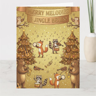 Cartão Natal Musical Dourado   Animais & Música