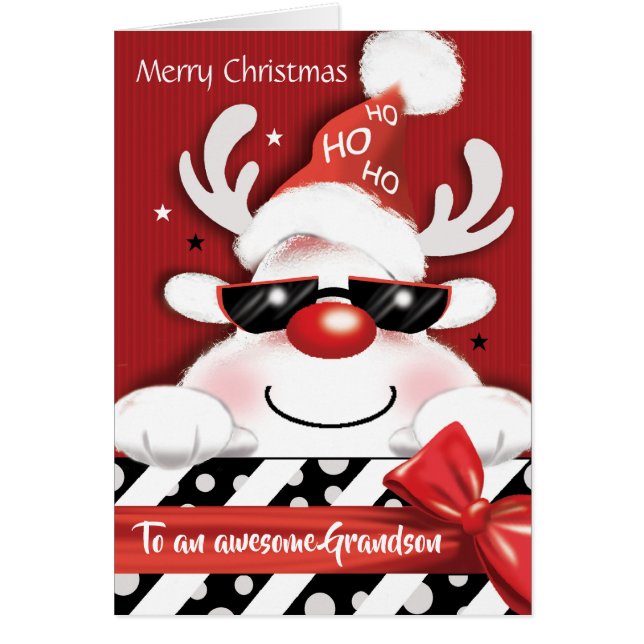 Cartão Natal, neto, rena do divertimento, Ho, Ho, Ho, (Frente)