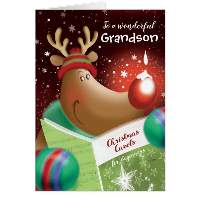 Cartão Natal, neto. Snowdrop em cervos vermelhos do nariz (Frente)