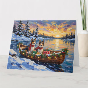 Cartão Natal no barco com Shetland Sheepdog