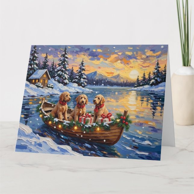 Cartão Natal no barco do Goldendoodle (Frente)