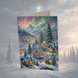 Cartão Natal numa aldeia montanhosa, luzes polares,<br><div class="desc">Este cartão de Natal mostra uma vila coberta de neve com casas iluminadas de forma brilhante nas montanhas,  cercada por árvores altas,  luzes polares brilhando no céu. Envie Cartões de natal para seus amigos e família. Texto personalizado e traseiro.</div>