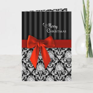 Cartão Natal, Padrões Pretos/Brancos Elegantes/Fita Verm