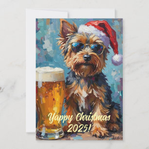 Cartão Natal Personalizado Digital Yorkie E Cerveja Xmas