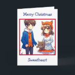 Cartão Natal Personalizado Romântico do Casal de Animes<br><div class="desc">Cartão de Natal com um casal de anime fofo com fundo de gato.</div>