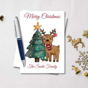 Cartão Natal Rena Cute em Aquarela