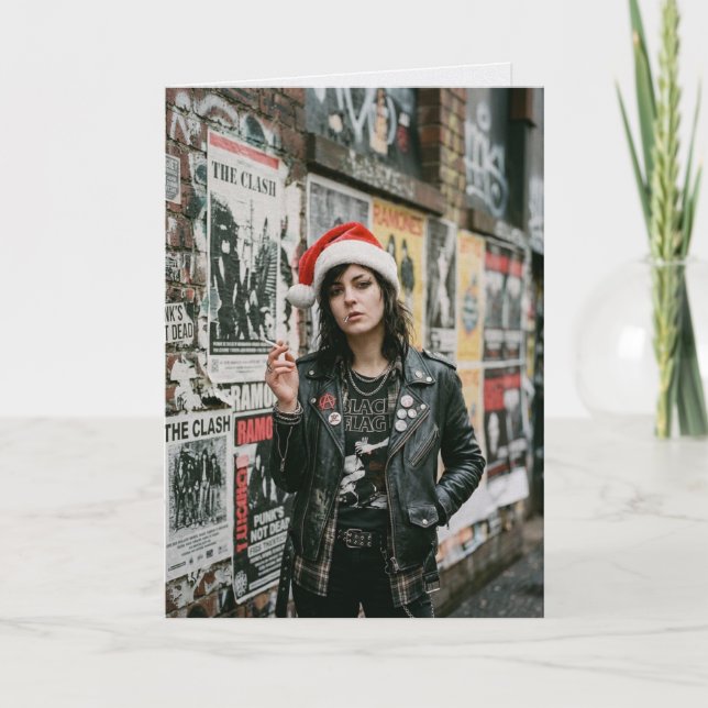 Cartão Natal Riado de Rock Punk Feriado (Frente)