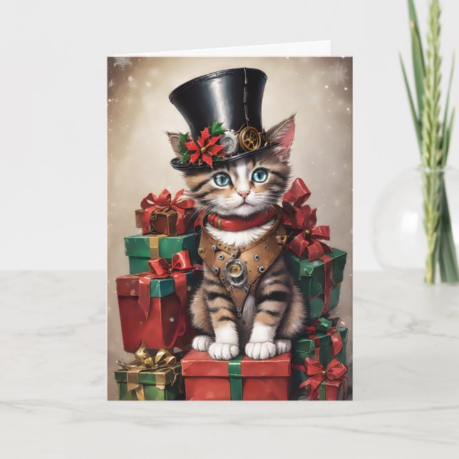 Cartão Natal Steampunk Tabby Kitten (Frente)