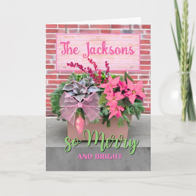 Cartão Natal Tão Feliz e Brilho em Rosa e Verde (Frente)