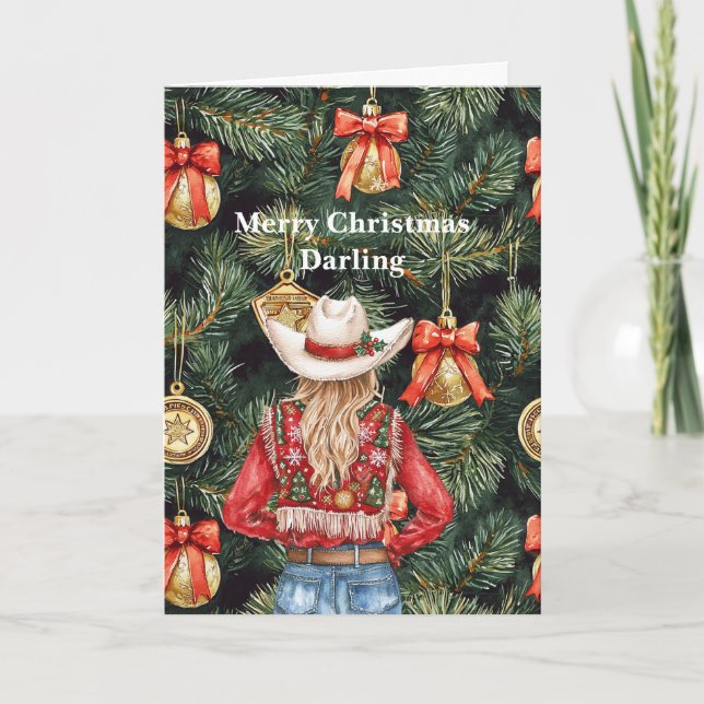 Cartão Natal Vaqueira Loira Ocidental Dourada (Frente)