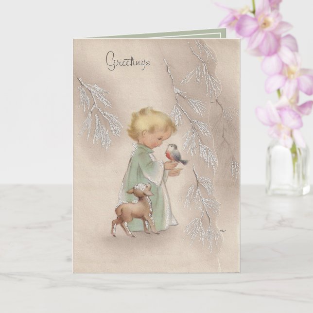 Cartão Natal Vintage Bebê Loira Pássaro Cordeiro (Orquídea)