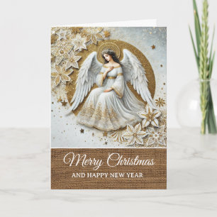 Cartão Natal Vintage Rústico Anjo Branco e Dourado