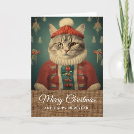 Cartão Natal Vintage Rústico Gato Engraçado em Fantasia