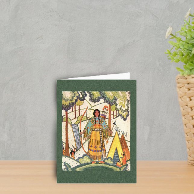 Cartão Native American Maiden Note Card (Native american lady in forest teepee faux embroidery look on dark green notecards.)