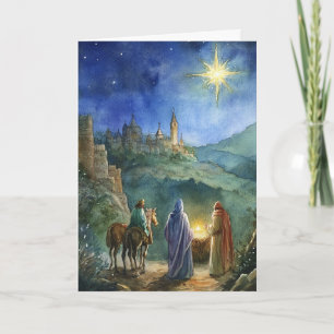 Cartão Natividade de Aquarela com Reis e Estrela de Natal