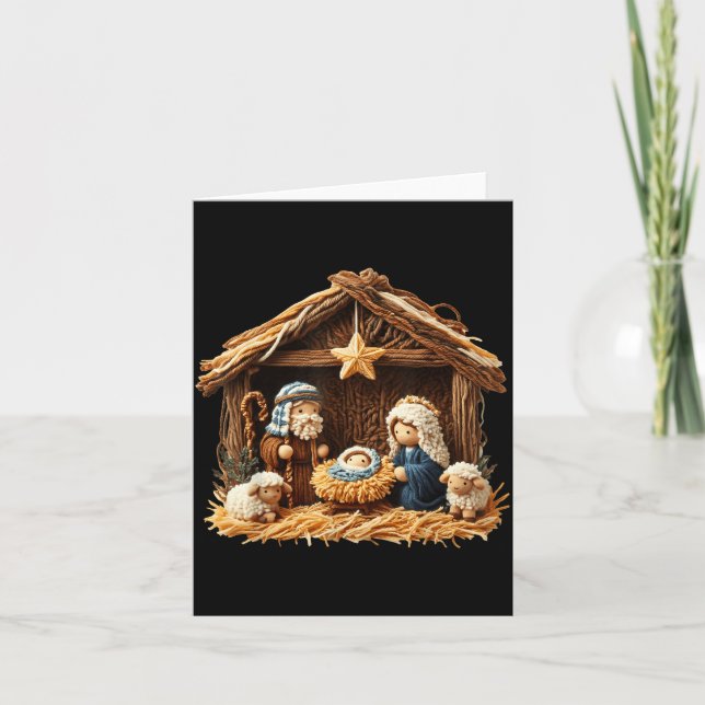 Cartão Nativity Scene Faux Yarn Crochet Jesus Christmas R (Frente)