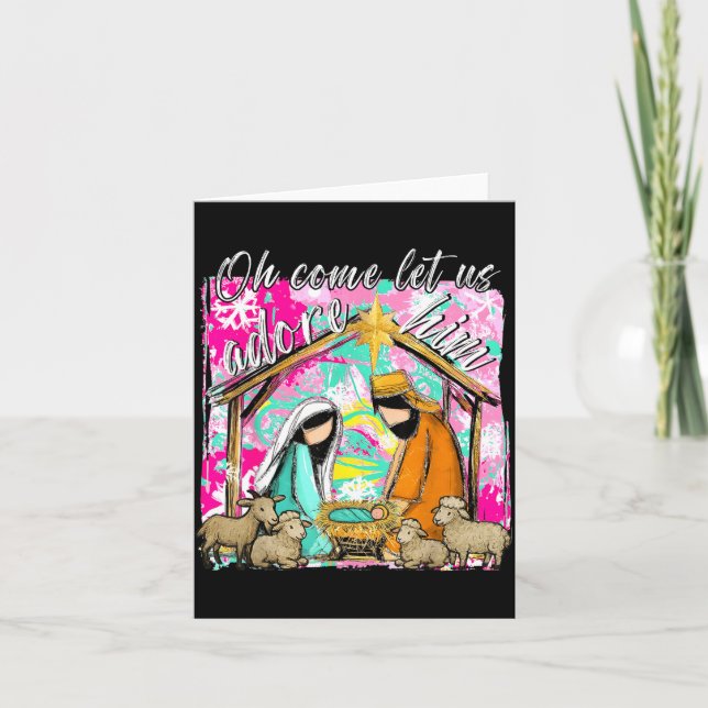 Cartão Nativity Scene Oh Come Let Us Adore Him Christmas  (Frente)