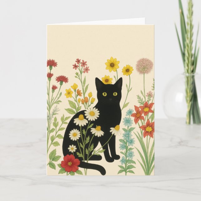 Cartão Natureza Botânica – Gata Preta no Jardim de Flores (Frente)