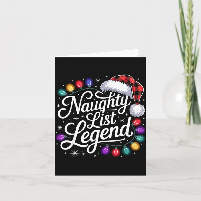 Cartão Naughty List Legend Xmas Lights Buffalo Plaid Red  (Frente)