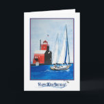 Cartão Nautical 90th Birthday<br><div class="desc">Sailboat and red lighthouse for 90th birthday.</div>