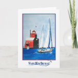 Cartão Nautical 90th Birthday<br><div class="desc">Sailboat and red lighthouse for 90th birthday.</div>