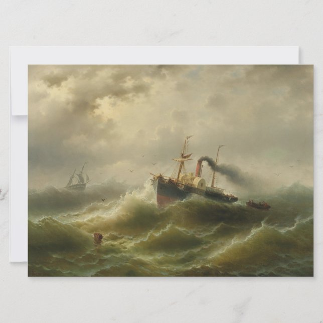 Cartão Navio a vapor numa tempestade no mar do Norte (Frente)
