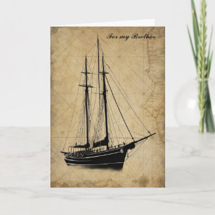 Cartão Navio à Vela Vintage e Mapa de Aniversário