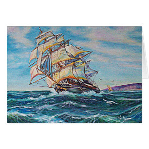 Cartão Navio de vela na pintura de óleo em águas grossas