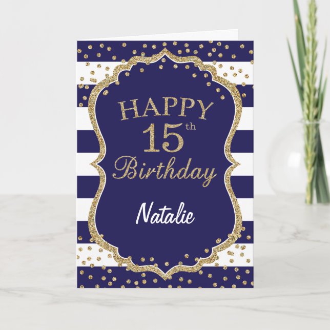 Cartão Navy Blue and Gold Glitter 15th Birthday Card (Frente)