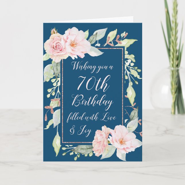 Cartão Navy Blue Pink Flowers Happy 70th Birthday Card (Frente)
