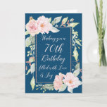 Cartão Navy Blue Pink Flowers Happy 70th Birthday Card<br><div class="desc">Happy 70th birthday card in navy blue with pink watercolor flowers and thoughtful verse.</div>