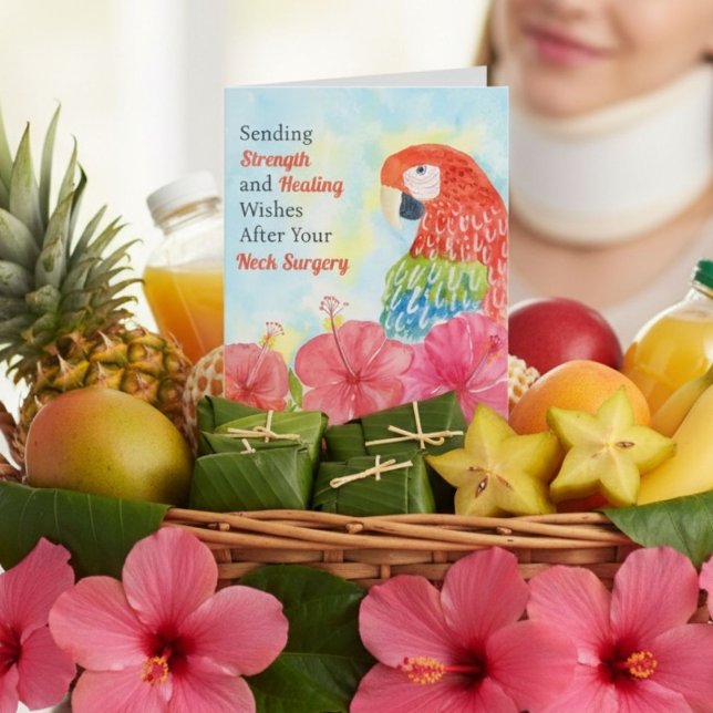 Cartão Neck Surgery Healing Scarlet Macaws, Hibiscus (Criador carregado)